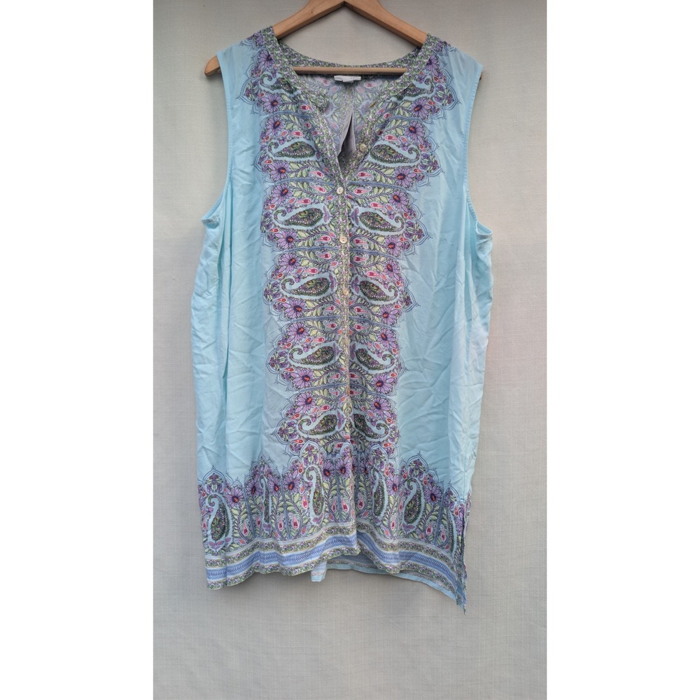 J.Jill Womens XL Blue Paisley Rayon Sleeveless Button V-Neck Tunic Top NEW